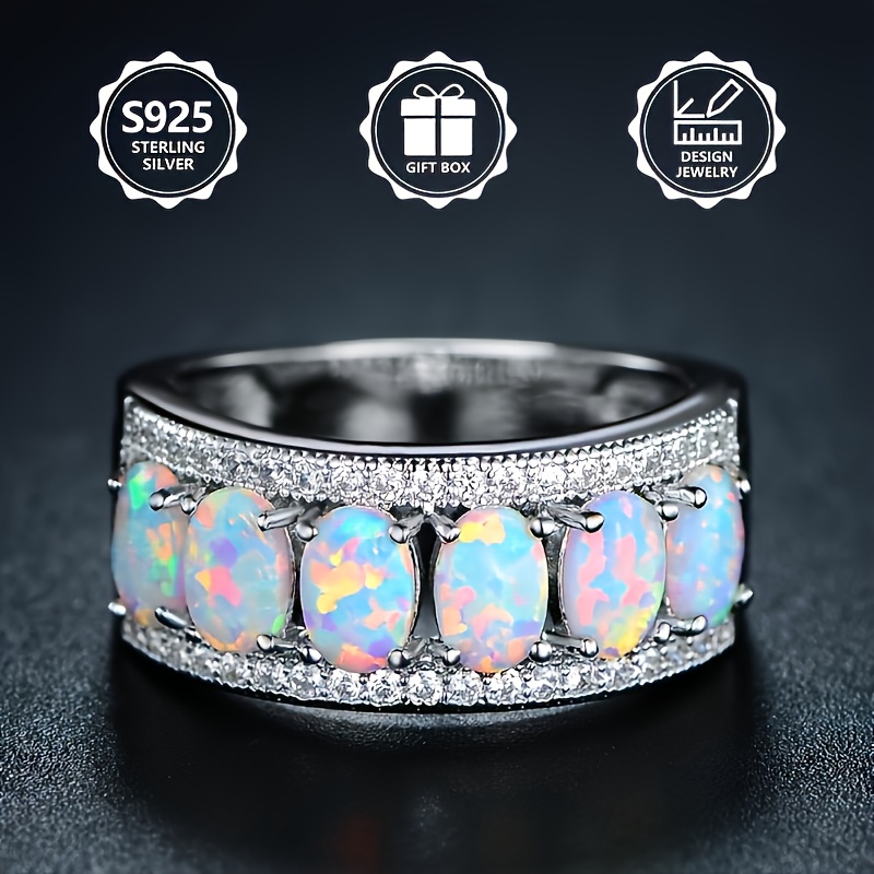 925 Sterling Silver Opal & CZ Women's Ring – Wedding, Engagement, Party, Sizes 6-10, Simulated Stone