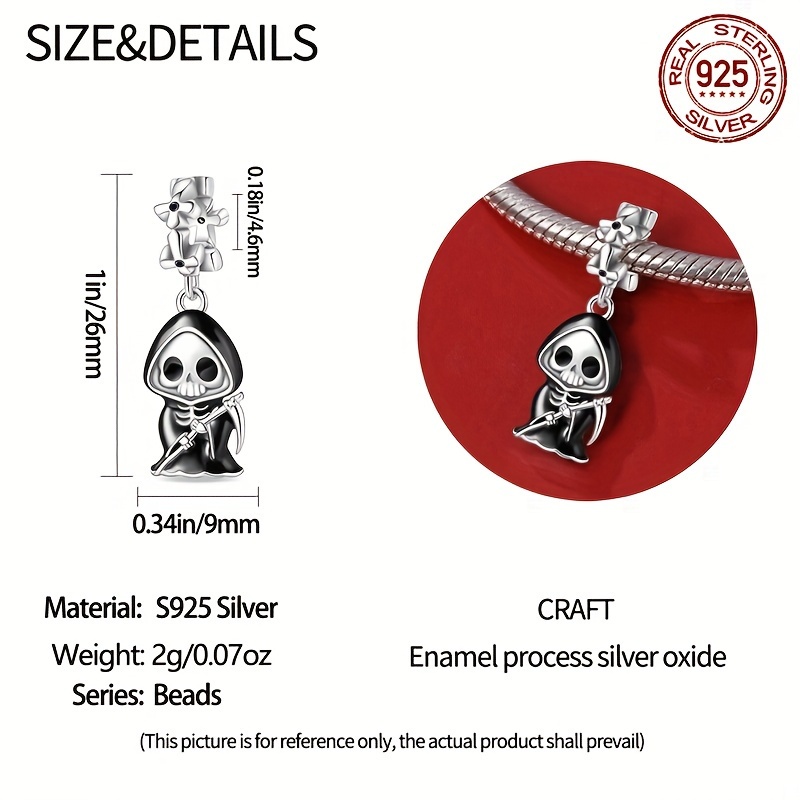 925 Sterling Silver Grim Reaper Charm Bead