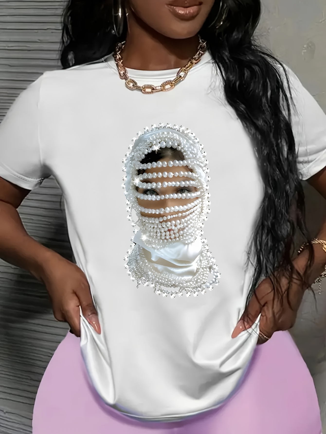 Y2K Style Spring And Summer Fashion Sexy Short-Sleeve T-Shirt, Featuring Pearl And Female Portrait Patterns, a Short-Sleeve Round-Neck Top That Flatters The Figure