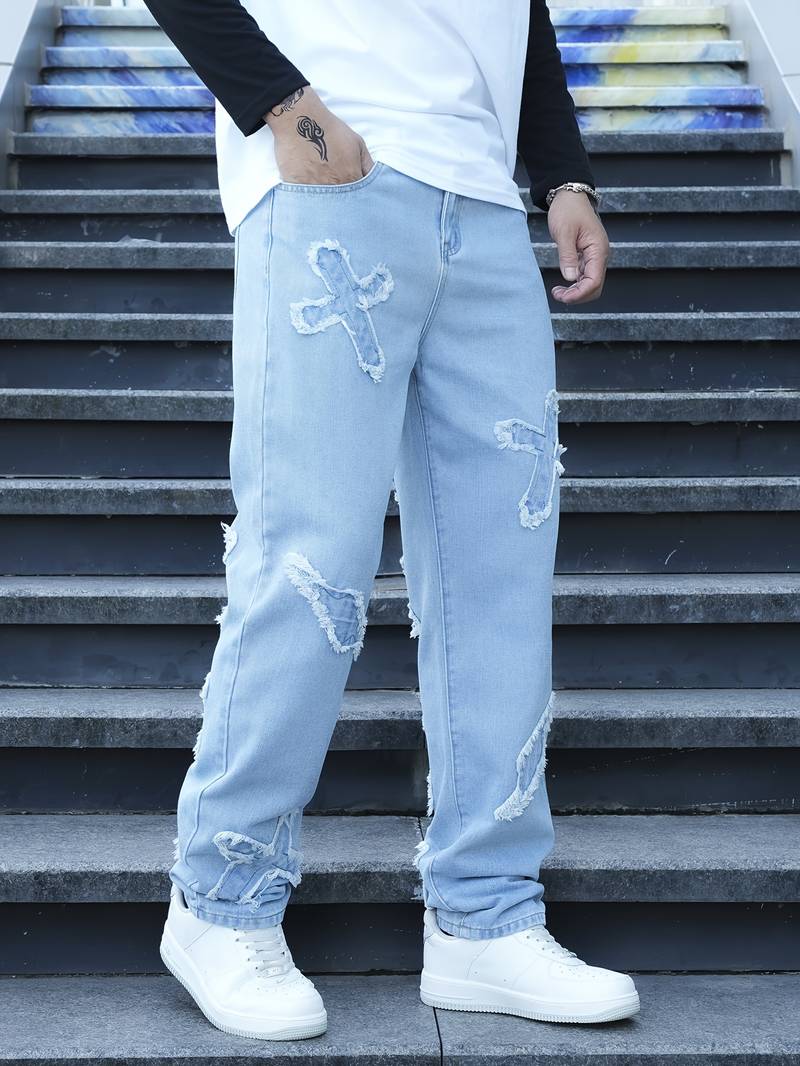 Jeans Holgados para Hombre - Parches con Patrones Geométricos, Estilo de Moda, para Fiestas, Calle y Festivales, Pantalones Azul/, Confort para Todas las Estaciones 0