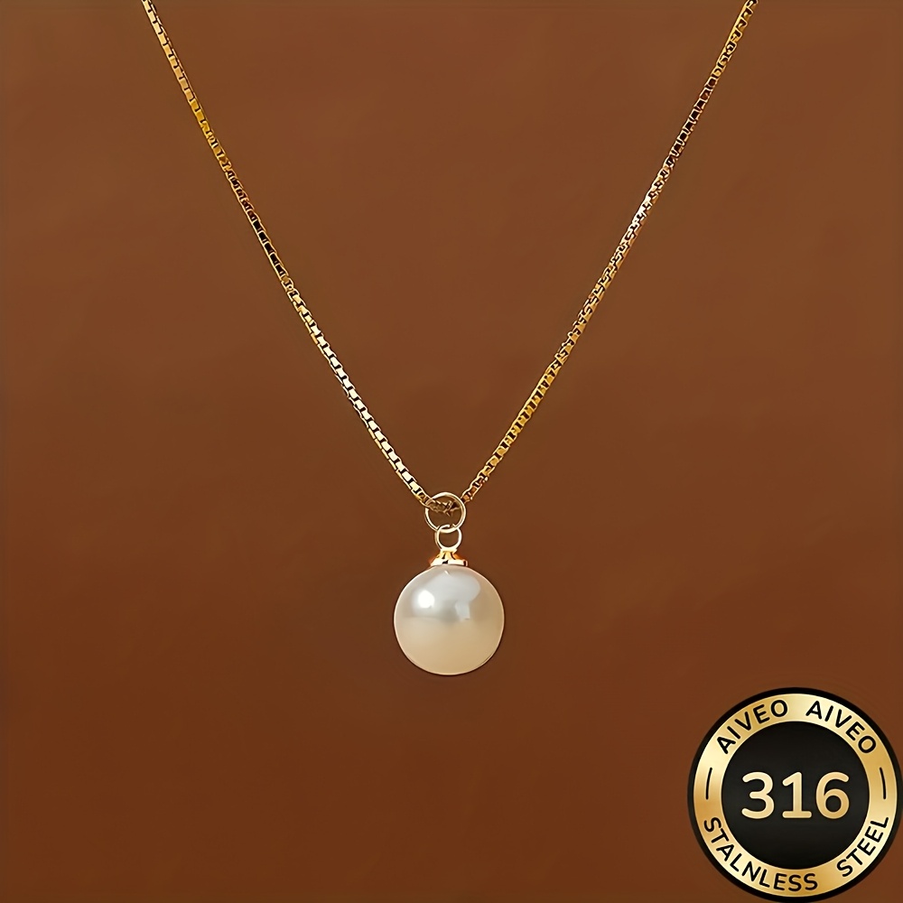 TEMU Collar de acero inoxidable 316 hipoalergénico chapado en oro de 18K - Colgante de perla sintética para mujer, joyería minimalista elegante
