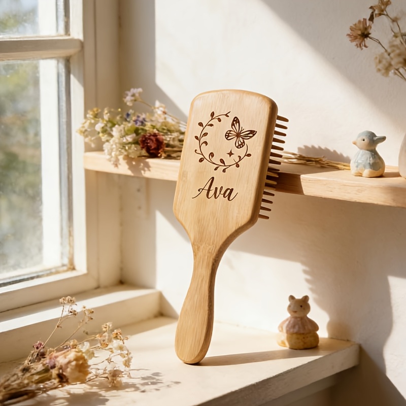 TEMU Personalizzato con /Iniziali - in Bamb羅 Inciso per Massaggio del Cuoio Capelluto e , per , Spazzola Portatile per Capelli Sottili/Ricci/Secchi,
