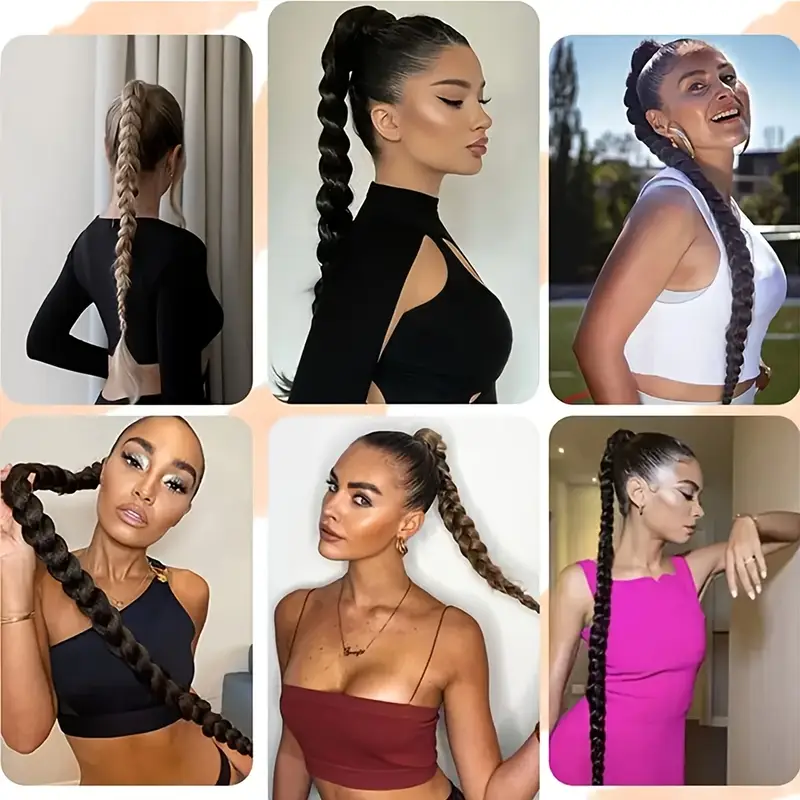 1pc elegant 32 inch long straight braid ponytail extension high temperature fiber synthetic hairpiece with elastic tie for women daily use versatile hairpiece elegant braid elastic tie attachment hair accessories details 0