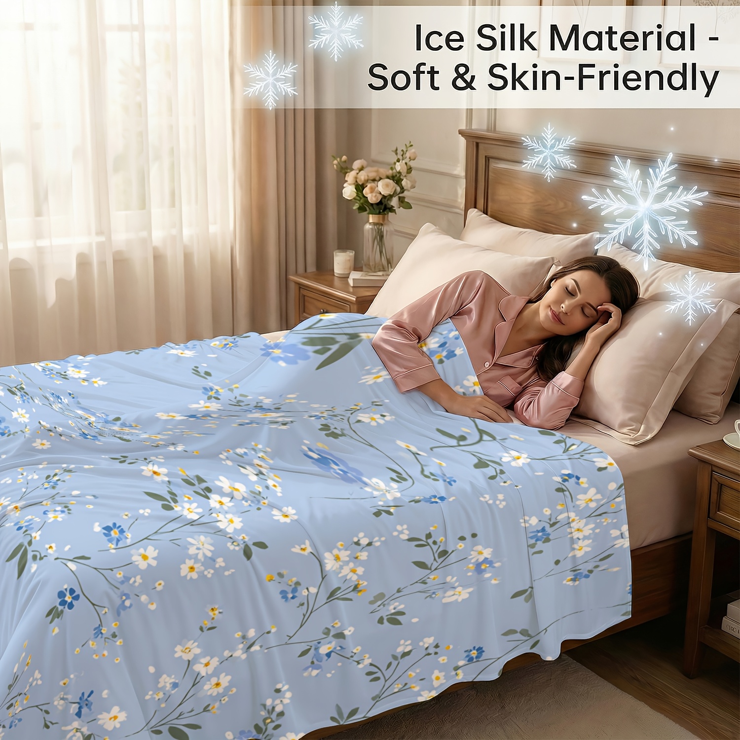 TEMU [open ]1pc Cooling Blanket, Refreshing Retro Contemporary Watercolor Style Blue And White Small Flower Branches And Leaves 2d Flat Print, Summer