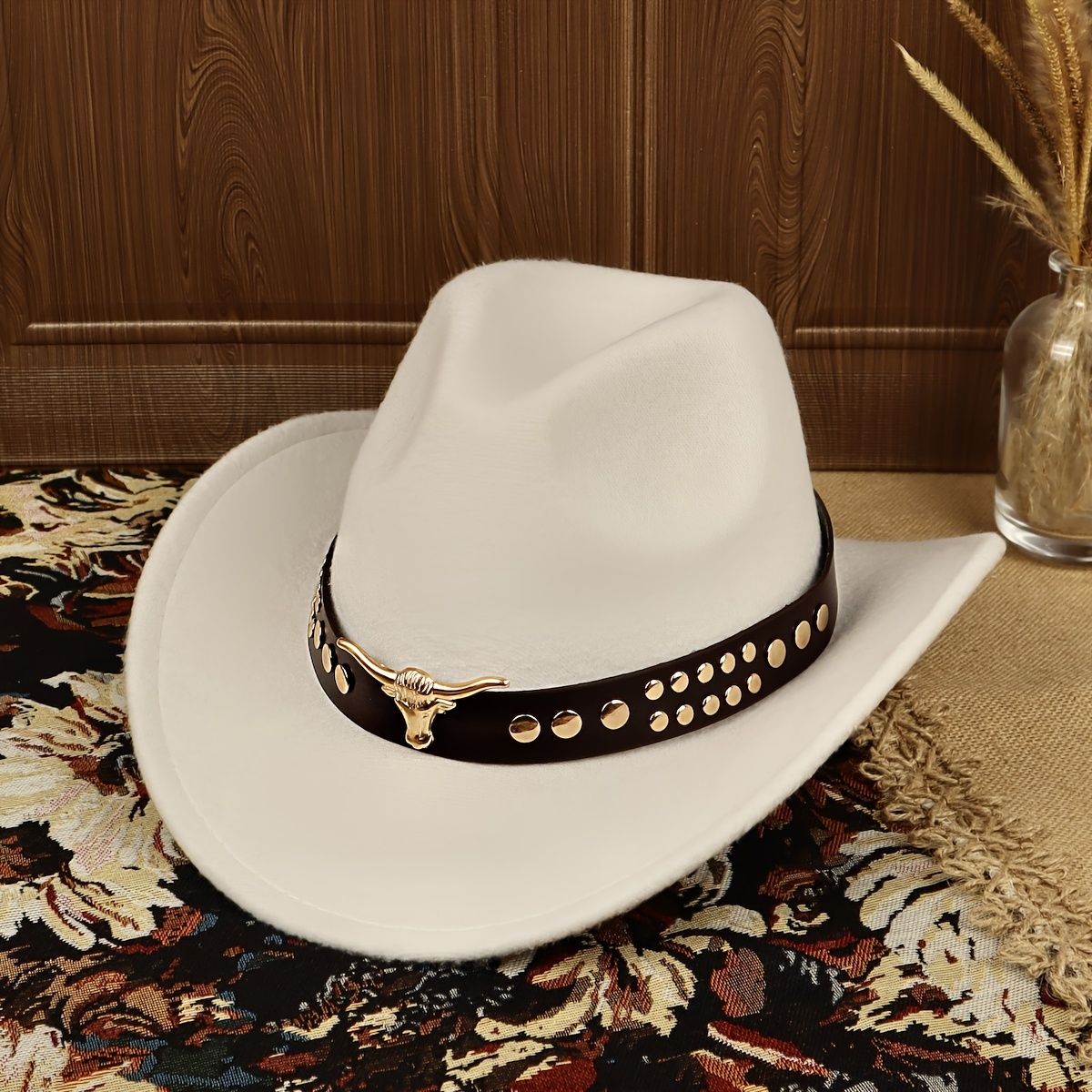 TEMU 1pc Vintage Western Cowboy Hat For - Wide-brim Bull Rivet Bullion With Reinforced Hard Frame, Lightweight Inlay Suitable For Riding, Rodeo,