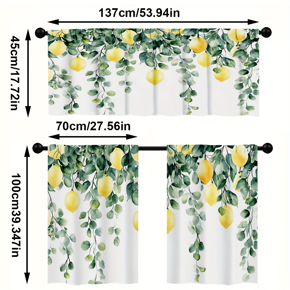 TEMU 3pcs/set Kitchen Curtain Sets, Vintage Green Leaf Lemon Pattern Print Curtain Set, Rod Pocket Valance Curtain Tier, Window For Kitchen , Home