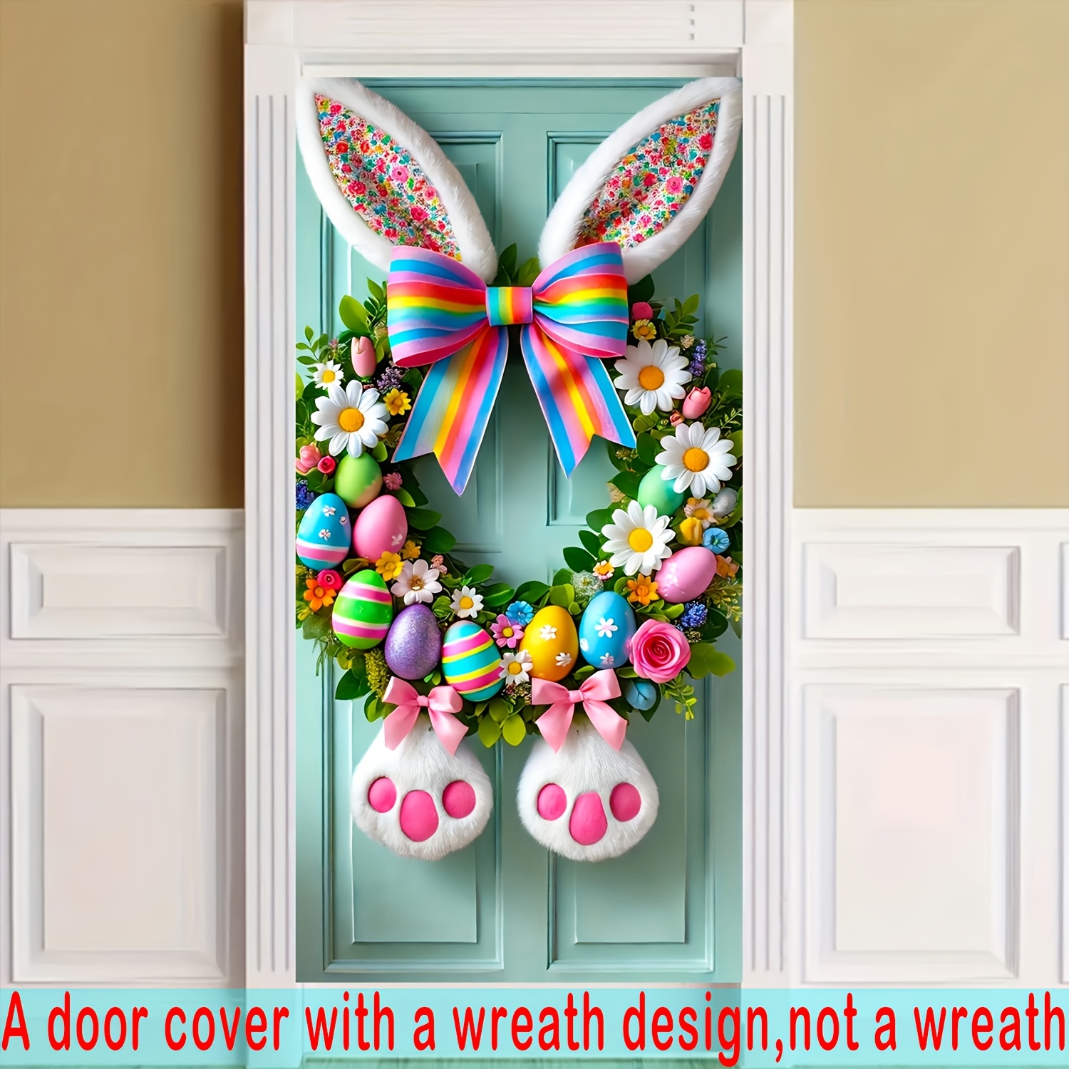 

Entryway, Easter Bunny Ear Wreath With Rainbow Bow & - 35.4" X " Polyester Door Cover, Spring Entrance & Room Decor