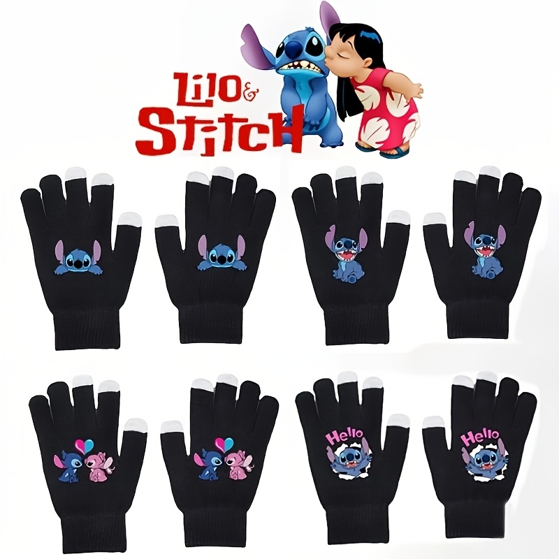 

2pcs Disney Stitch Gloves, Winter Touchscreen Knit Gloves, Black With Stitch Print, Lining For Cold Weather Sports, Polyester Fiber, Pull-on Closure, Hand Wash Only