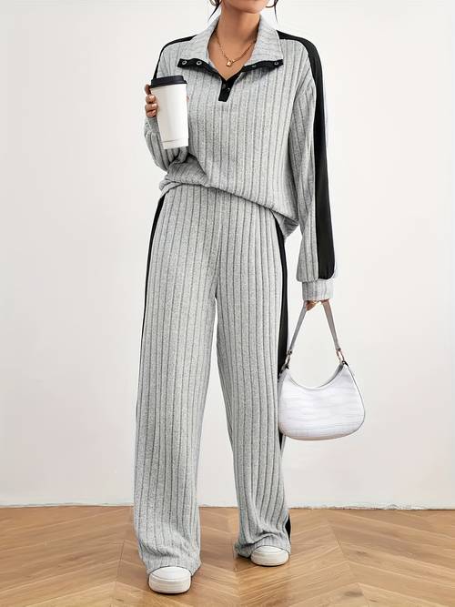 two piece lounge set a gray ribbed shirt with black striped wide leg trousers casual and back events