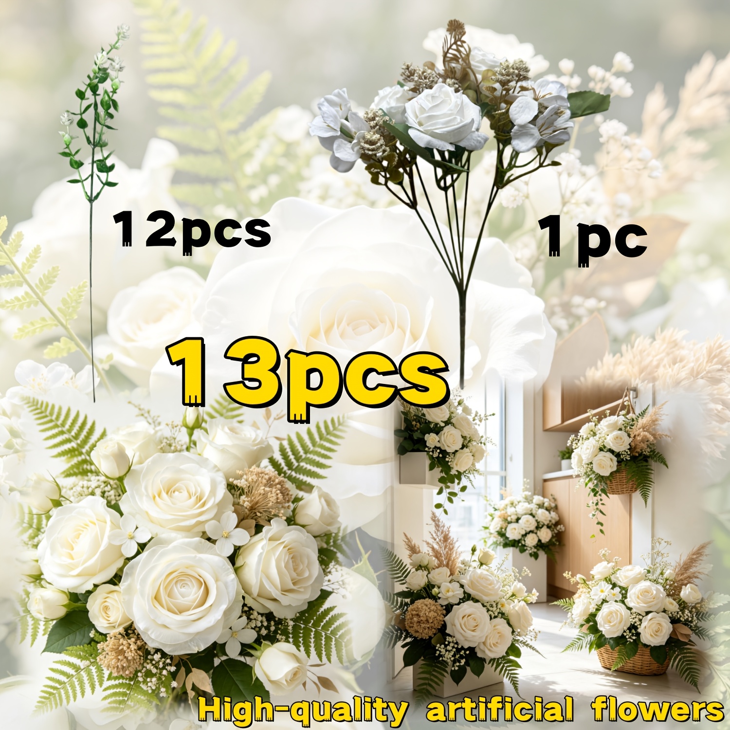 TEMU Bouquet de 13 pièces combinant des roses blanches crème, de grands fleurs épars à pétales, de grandes tiges texturées de type herbe sèche fauve,