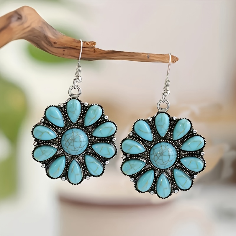 

Vintage Bohemian Turquoise Zinc Alloy Dangle Earrings For Women With Stainless Steel Hooks - Ideal For Daily Wear And Parties