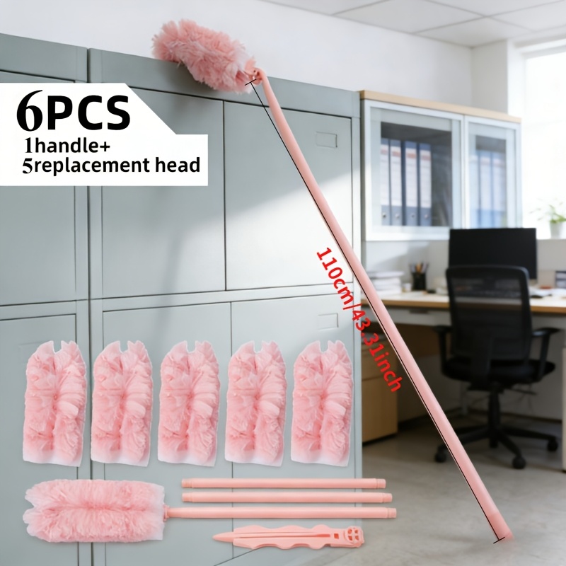 TEMU 6pcs Telescopic Electrostatic Duster Set With Long Handle, 5 Replacement Feather Duster Heads, Washable Cleaning Tool For Floors, Under Beds And