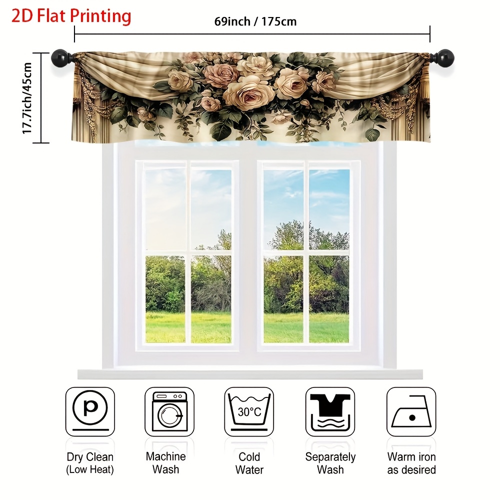 TEMU 2d Flat - 2d Flat - 1pc Vintage Floral Curtain Decor Valance Curtain 2d Flat Printing Pocket For Rod, Suits Bathroom, Laundry Room, Art ,