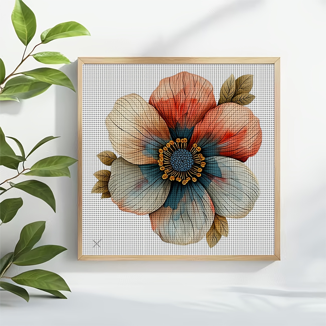 Cross-Stitch Printed Kit, Watercolor Red Blue White Flowers Pattern