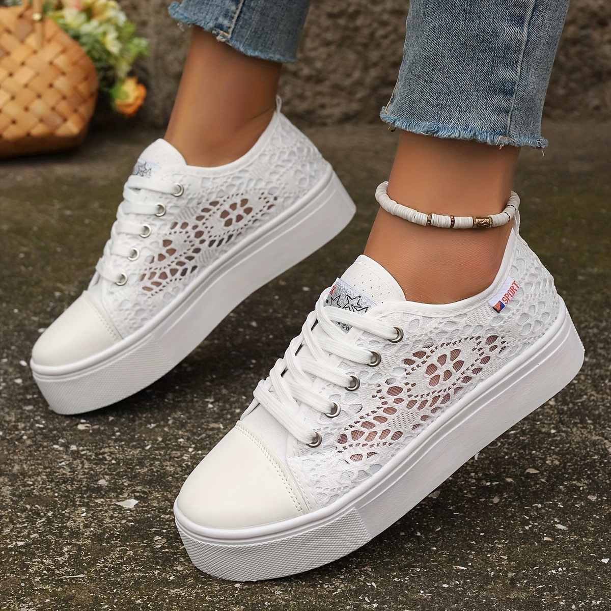 Image of Summer New Single Shoes Women's Shoes Flat-soled Lace Breathable Net Student Board Shoes Thick Soles Single Shoes, Women Shoes, Sneakers