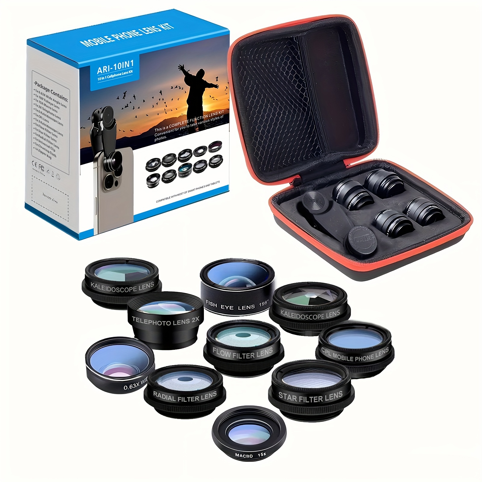 TEMU 10-in-1 Mobile Phone Lens Kit - Macro Lens + Wide-angle Lens + Fish Eye Lens + Telephoto Lens + Cpl/flow/star Filter + Kaleidoscope 3/6 Lens,