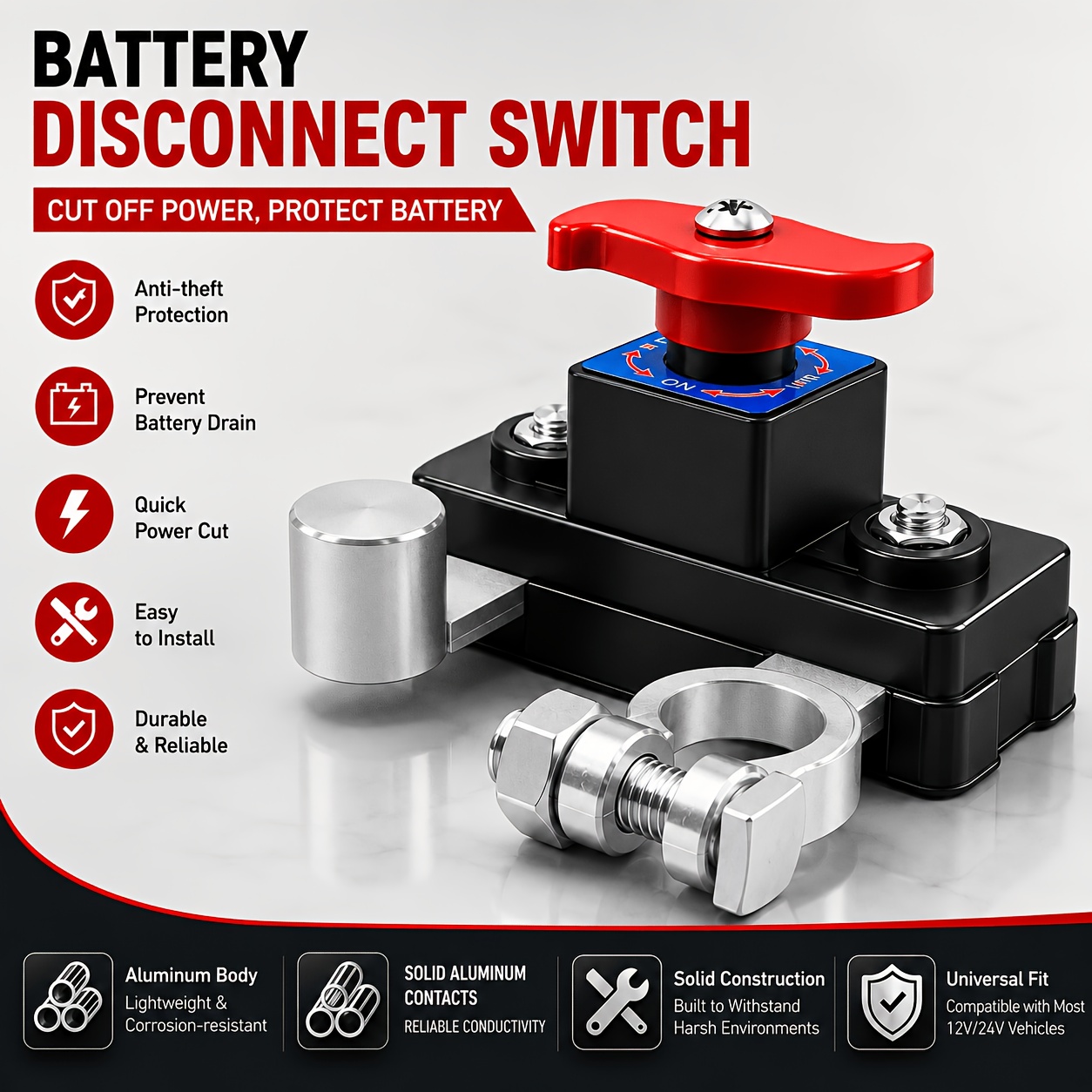 Disconnect Switch - Body Pure Aluminum Negative Disconnect Switch, 12-24v, Off/off Switch For Efficient Battery Management