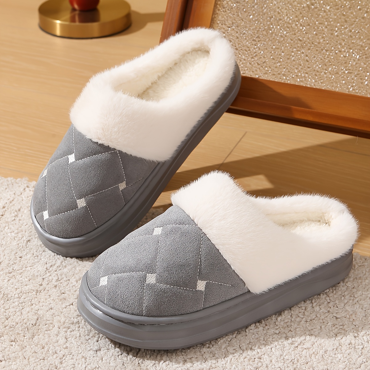 TEMU Autumn Winter Women's New Wide Size Plus Size Slippers Girls' Slippers Warm Fuzzy Shoes Indoor Home Daily Checkered Thick-soled Couple Shoes