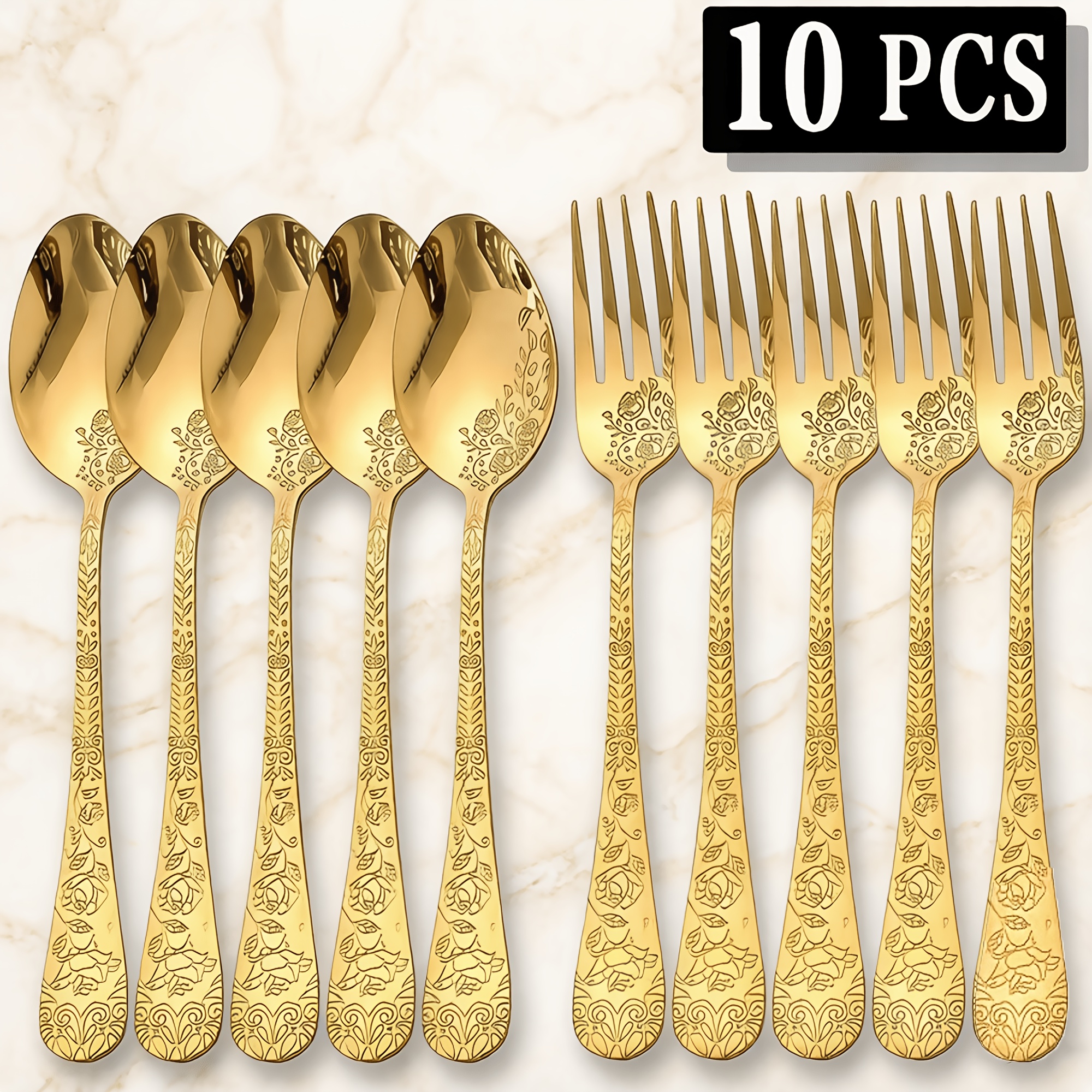 TEMU Set di 10 forchette e cucchiai da dessert retr簷 a forma in acciaio inossidabile, combinazione di forchetta e cucchiaio, molto per l'uso , per