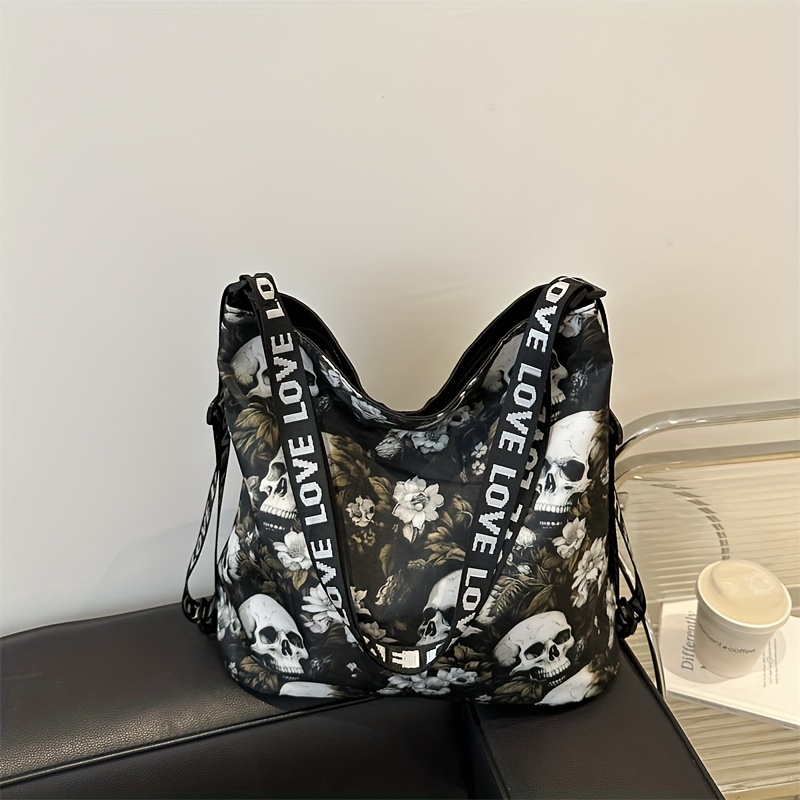 Image of Retro Casual Skull Pattern Tote Bag, Large Capacity Bag, Suitable For Women's Shopping, Street, Travel And Daily Use