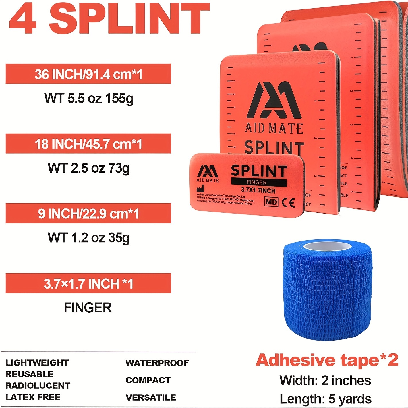 1/7 Outdoor First Aid Splint Set (4 Splints And 2 Tape Combinations) Includes a Storage Bag - Lightweight, Waterproof, And Reusable - Suitable for Outdoor Activities, Camping, Hiking, And Pet Use AID MATE Splints.