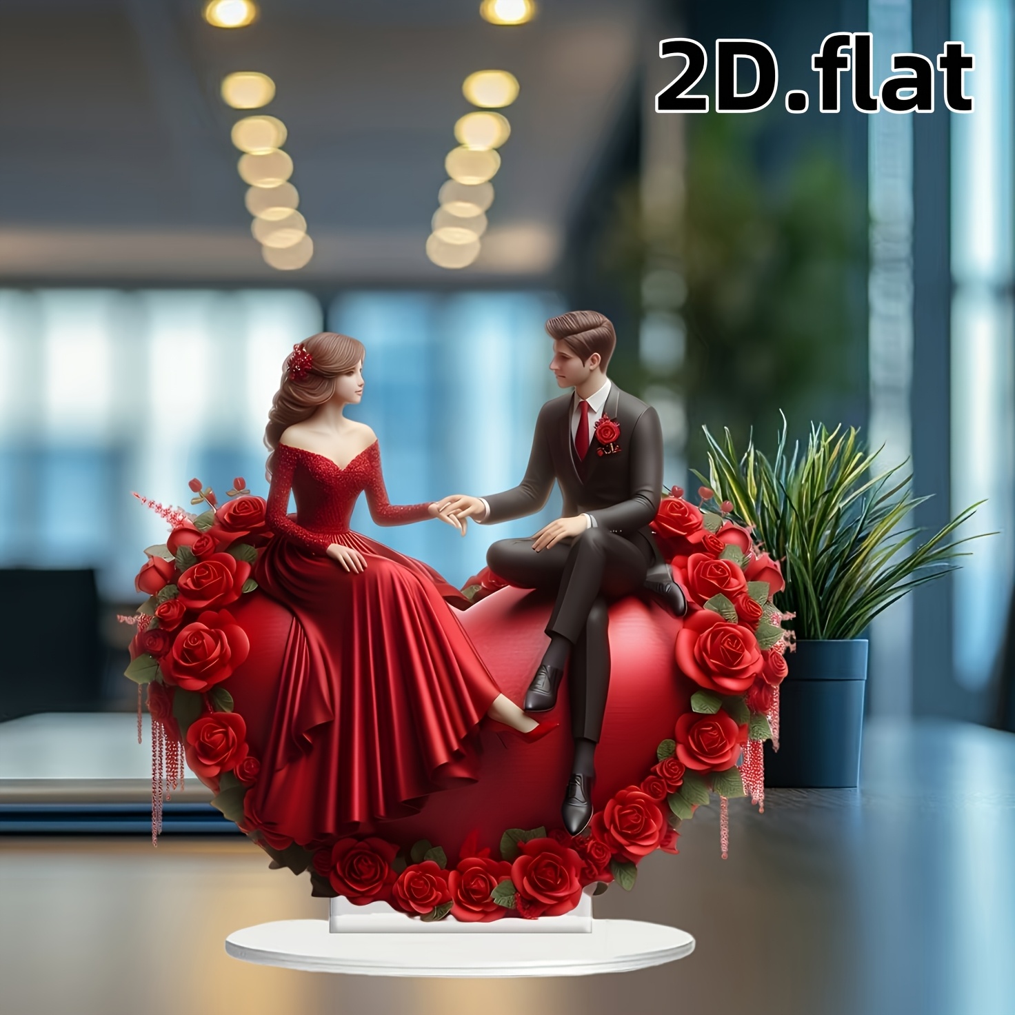 

1pc Of Fashion Romantic Rose Couple Crystal Table Decoration, 2d Graphic Design Valentine's Day Only, , No Power Required, English Text, Desktop Display Signage