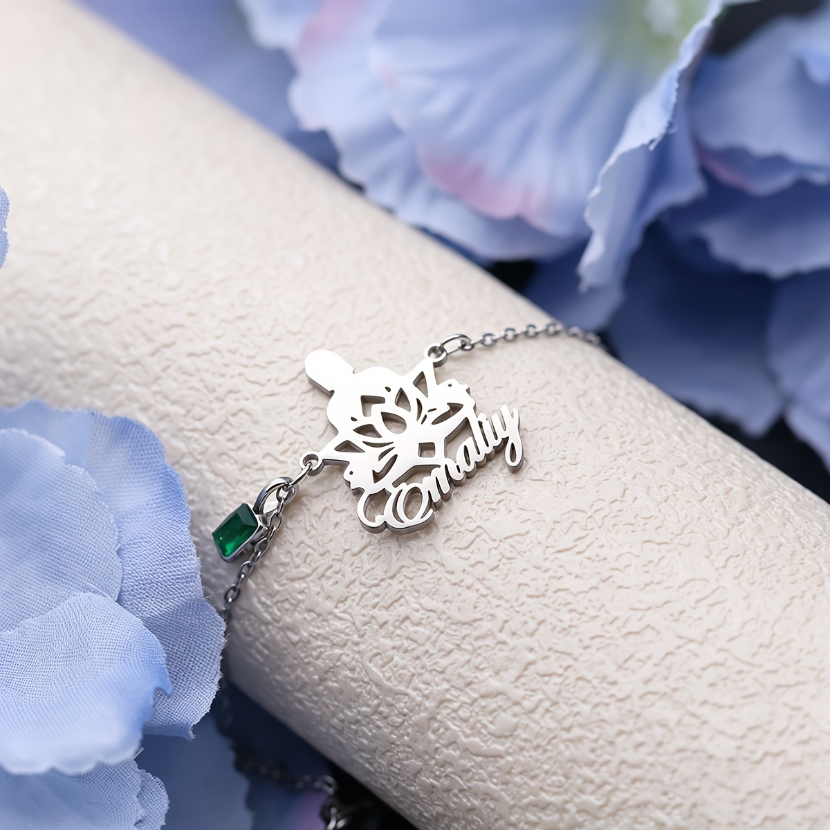 Custom Lotus Name Bracelet, Stainless Steel with Green Crystal