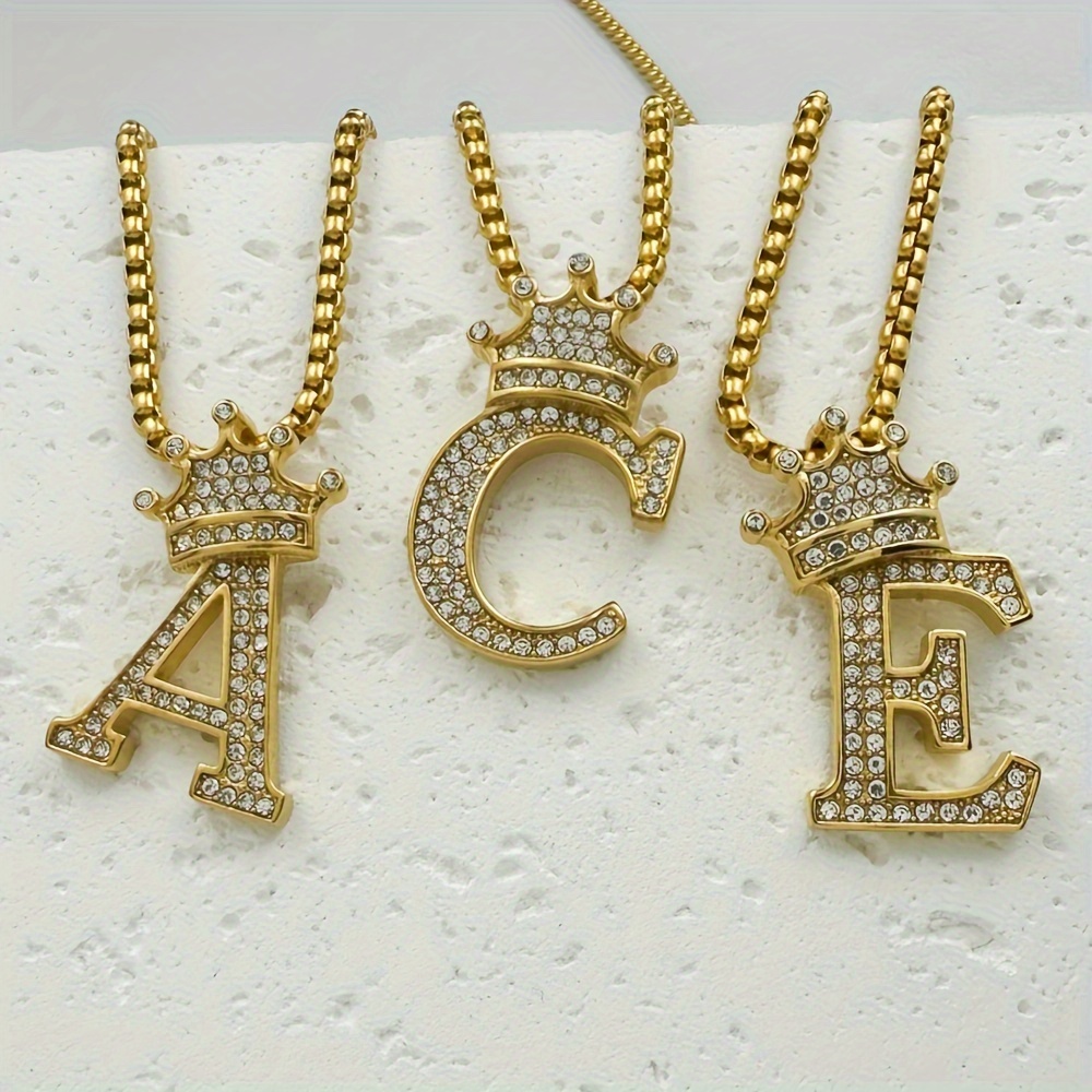 Greppn 1-teiliges Set mit plattiertem 316L Edelstahl-Anfangsbuchstaben-Anhänger und Strasssteinen – lässiger Hip-Hop-Schmuck für Damen und Herren_voghion.com