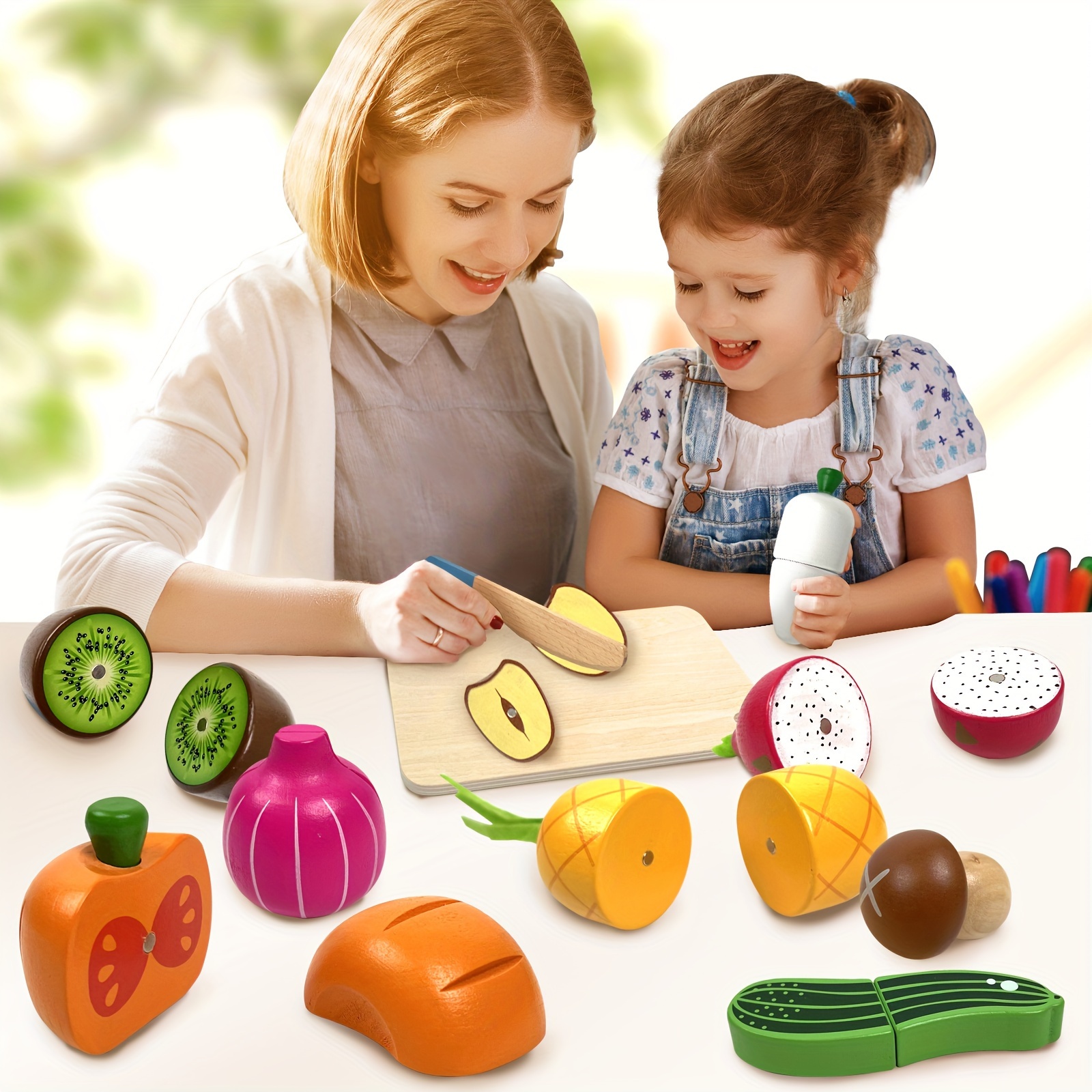 Magnetic Wooden Fruit and Vegetable Cutting Toy Set with Basket for Educational Food Playset in Assorted Colors