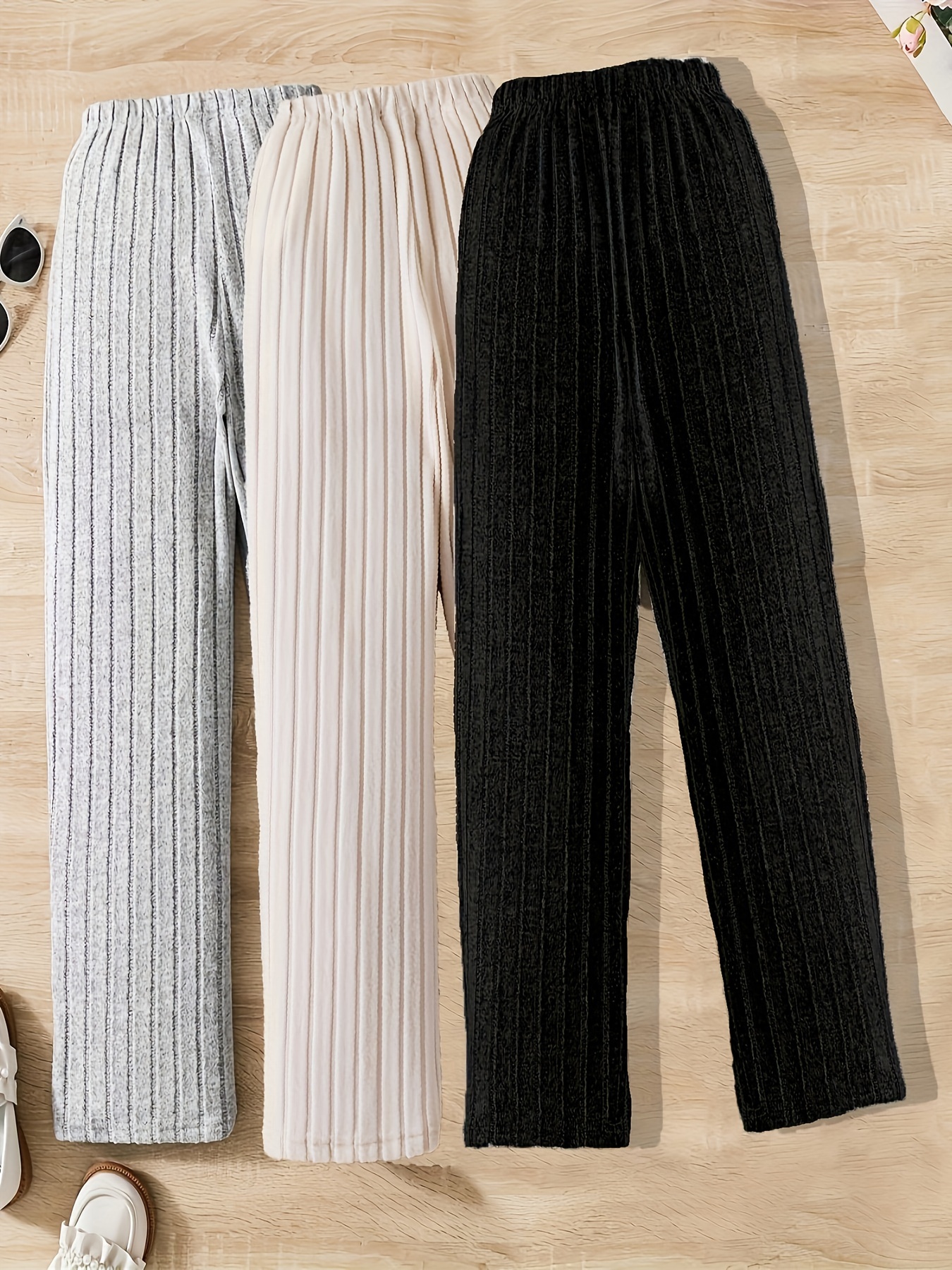 3pcs set of solid color comfortable ribbed straight leg casual s pants for women