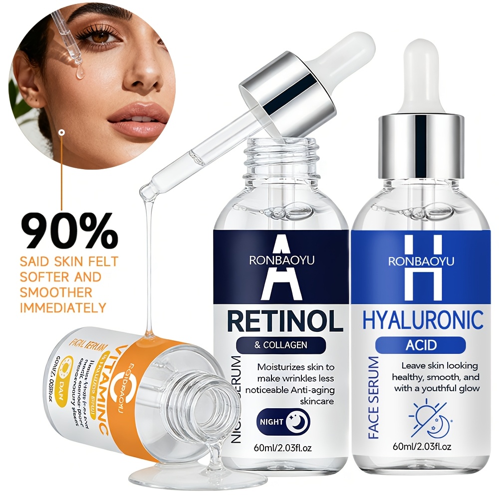 RONBAOYU Set Triplu Seruri 3 Bucăți cu Vitamina C, Retinol, Acid Hialuronic, Colagen, Acid Tranexamic, Niacinamidă și Glutation, pentru Luminozitate, Fermitate, Hidratare Profundă, pentru Toate Tipurile de Piele, Utilizare Zi și Noapte, Esențial pentru Călătorii