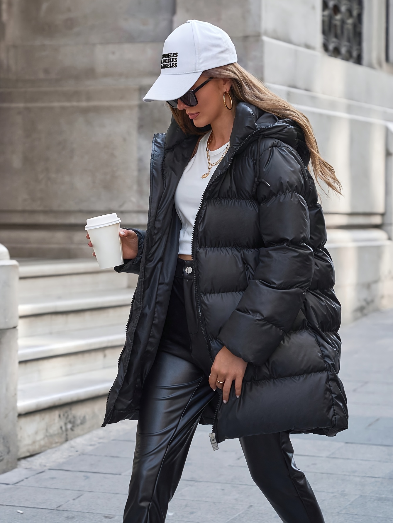 Damen Winterjacke – Fleece gefüttert, lockerer Schnitt, Kapuze, Schwarz