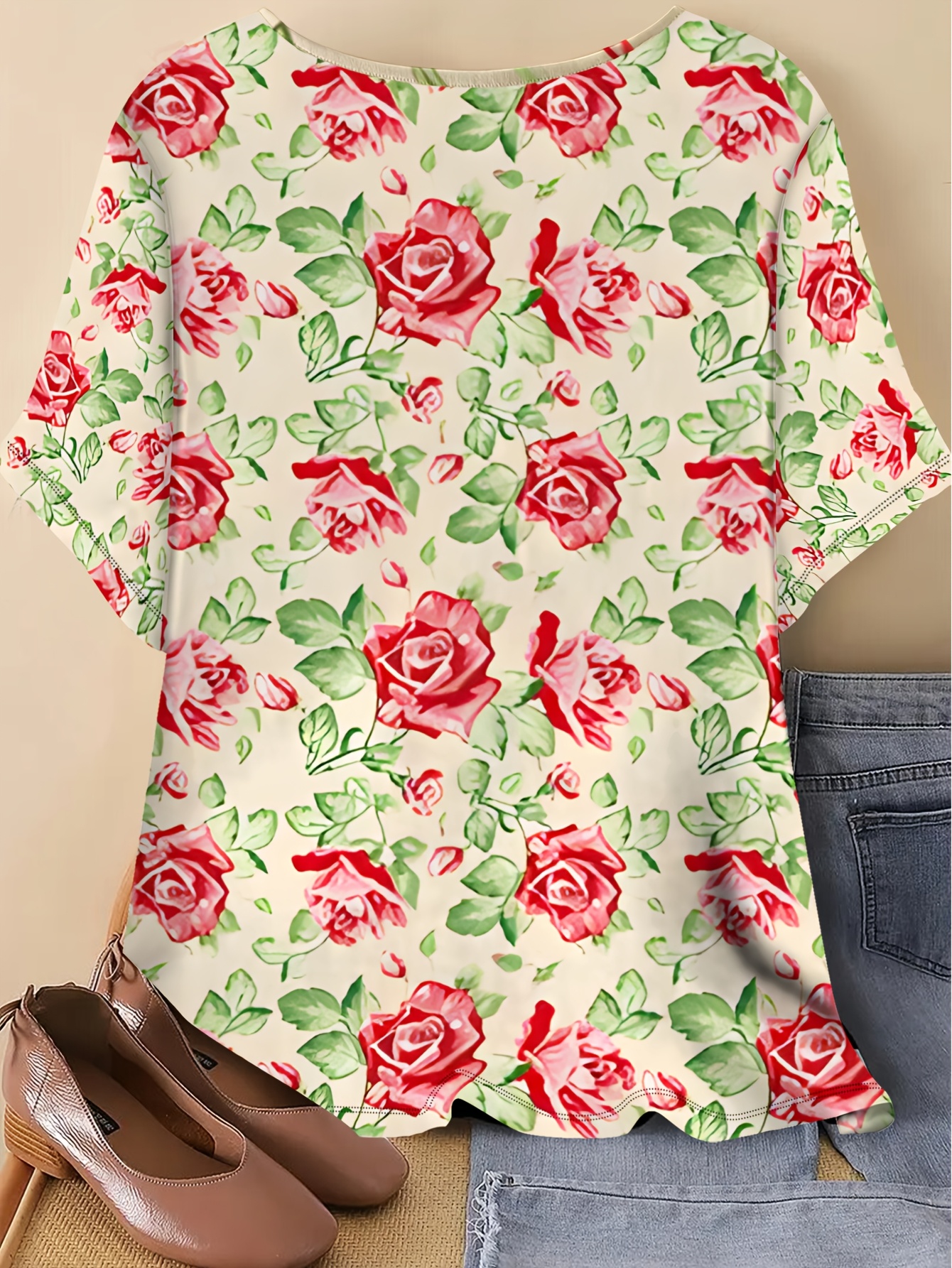 plus size womens rose print short sleeve top for summer featuring a loose and casual fit with a comfortable round neck t shirt that pairs well with   outfits