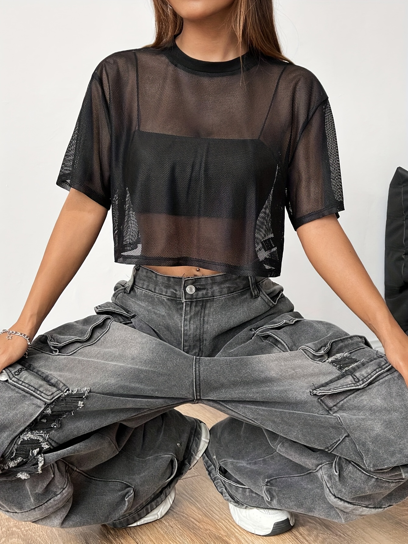 dames zwarte doorzichtige mesh crop top korte mouw ronde Temu