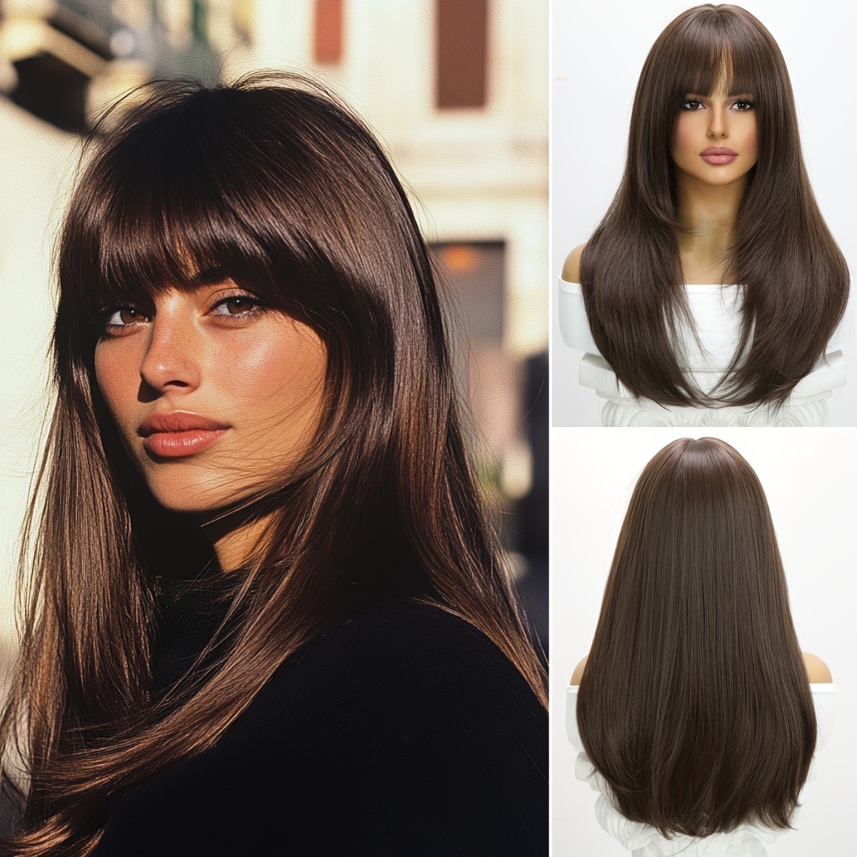 

Long Natural Brown Wig, Bangs, Synthetic Fibers, And . , , Parties, And Ceremonies. Soft To The Touch, , And Easy To . , 24 Inches.