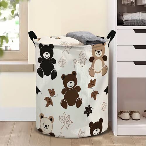 1 bear themed 2d flat laundry basket a foldable round storage bin made of durable polyester with handles storing clothes and bathroom essentials 2d flat laundry baskets