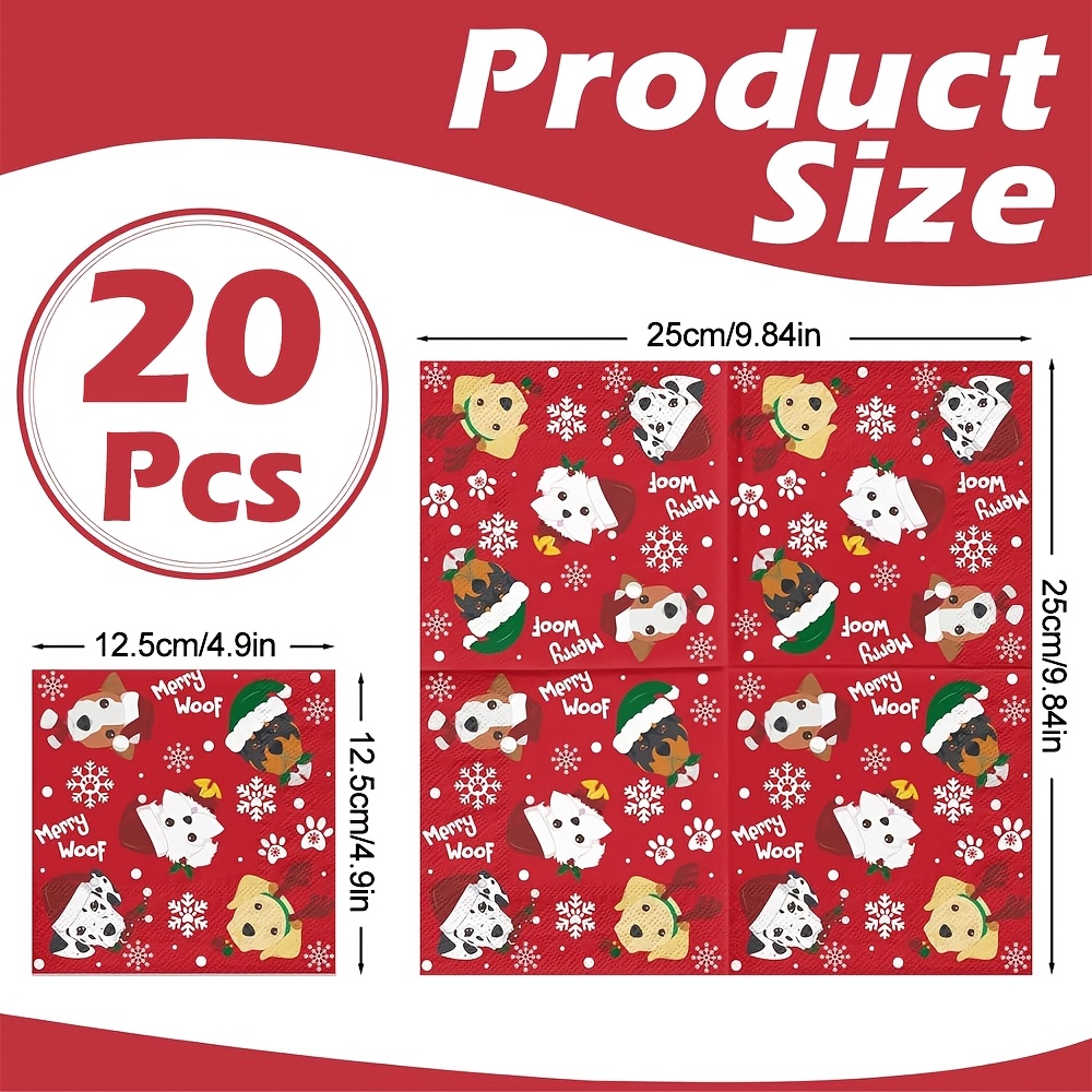 TEMU 20/40/60pcs Christmas Dog Napkins, 3 Ply Cute Puppy Faces And "merry " Design, Red Disposable Napkin Paper With Holiday Party Table Decor