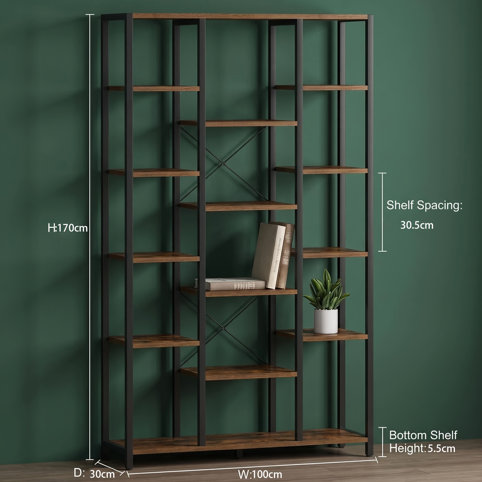 Image of 6-tier Retro Industrial-style Bookcase, 15-compartment Open Shelving Unit, Adjustable Shelf , X-shaped Reinforced Back Panel For Stability, Suitable For Living Rooms, And Offices, Storage Unit