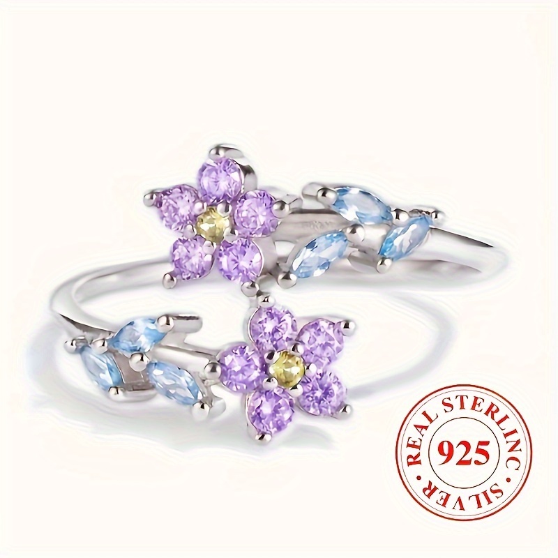 

925 Sterling Silver Exquisite Flower Leaf Shape Inlaid Purple Synthetic Gemstones Open Adjustable Ring Daily Dating Jewelry Anniversary Ornament
