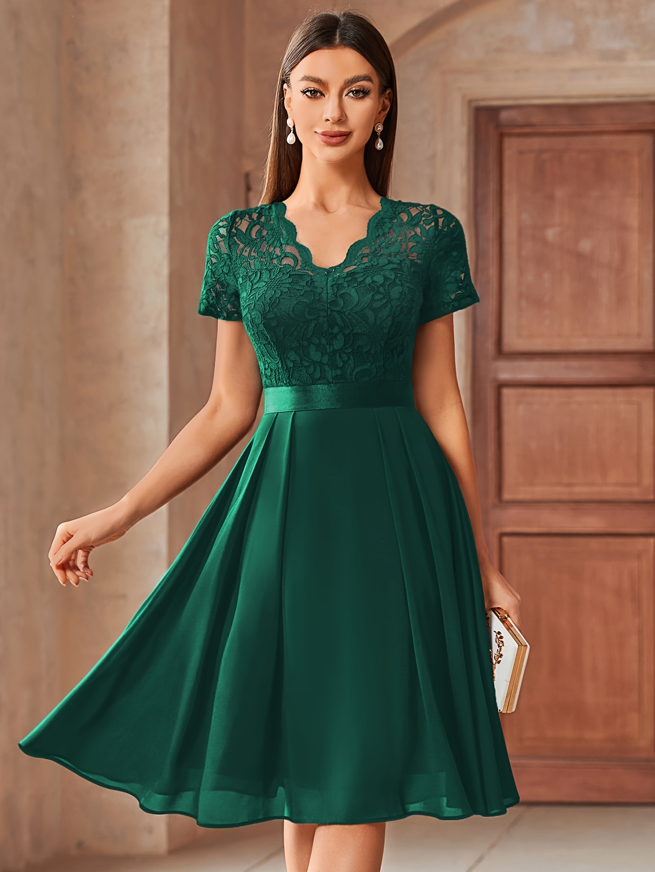 elegant green lace v neck short sleeve a line dress for women flared skirt wedding party formal occasion machine washable dress blouses for weddings
