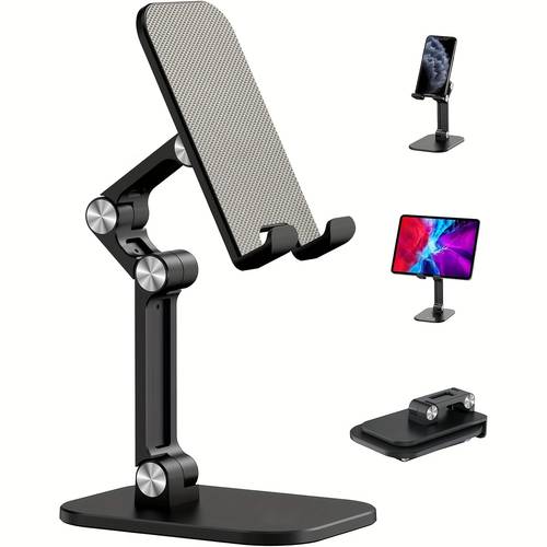 phone stand adjustable height and angle foldable cell phone stand holder for desk iphone stand compatible with 4 7 13 smartphones ipad tablet black