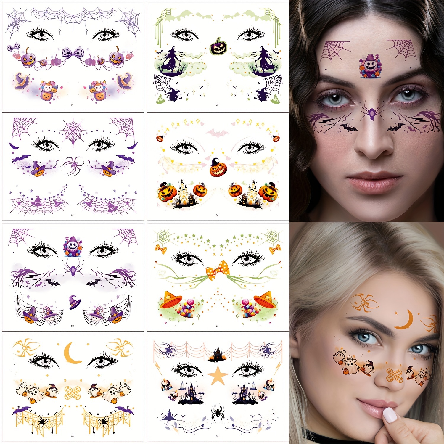 

8pcs Face Temporary Tattoos - Waterproof, Realistic Cartoon Spider Web, Pumpkin,, & Bat Designs For Party Makeup