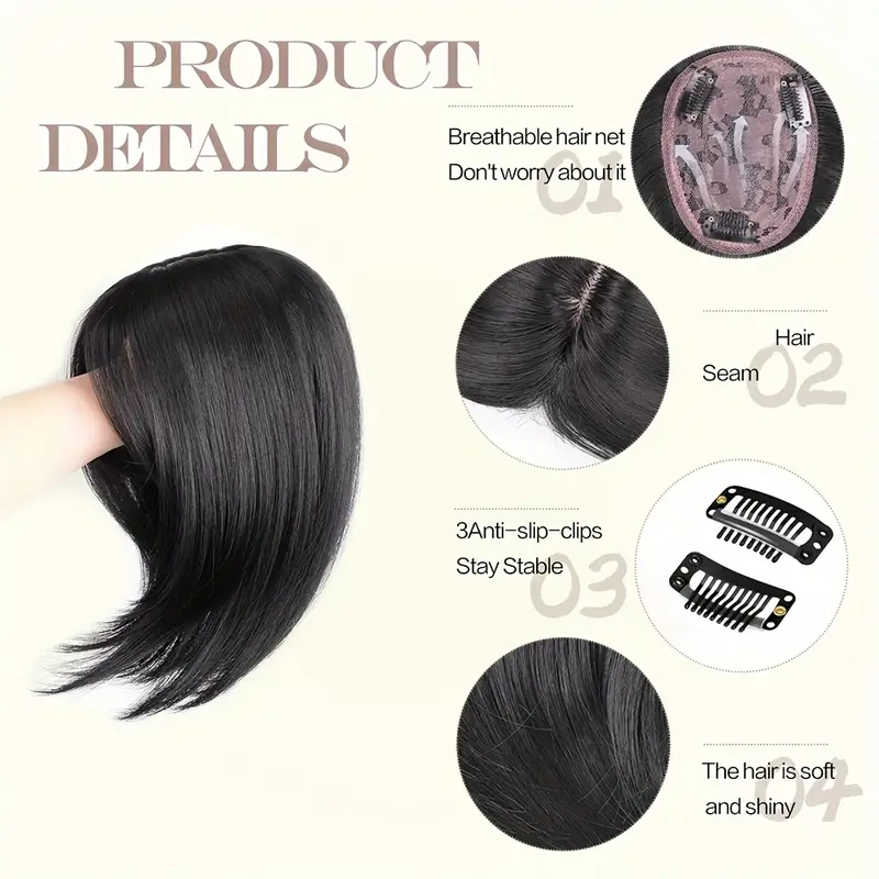 12 inch hair toppers for women with thinning hair synthetic hair topper with wispy bangs 3d cover upgrade middle part clip in bangs for women daily gift black dark brown heat resistant high temperature fiber details 8