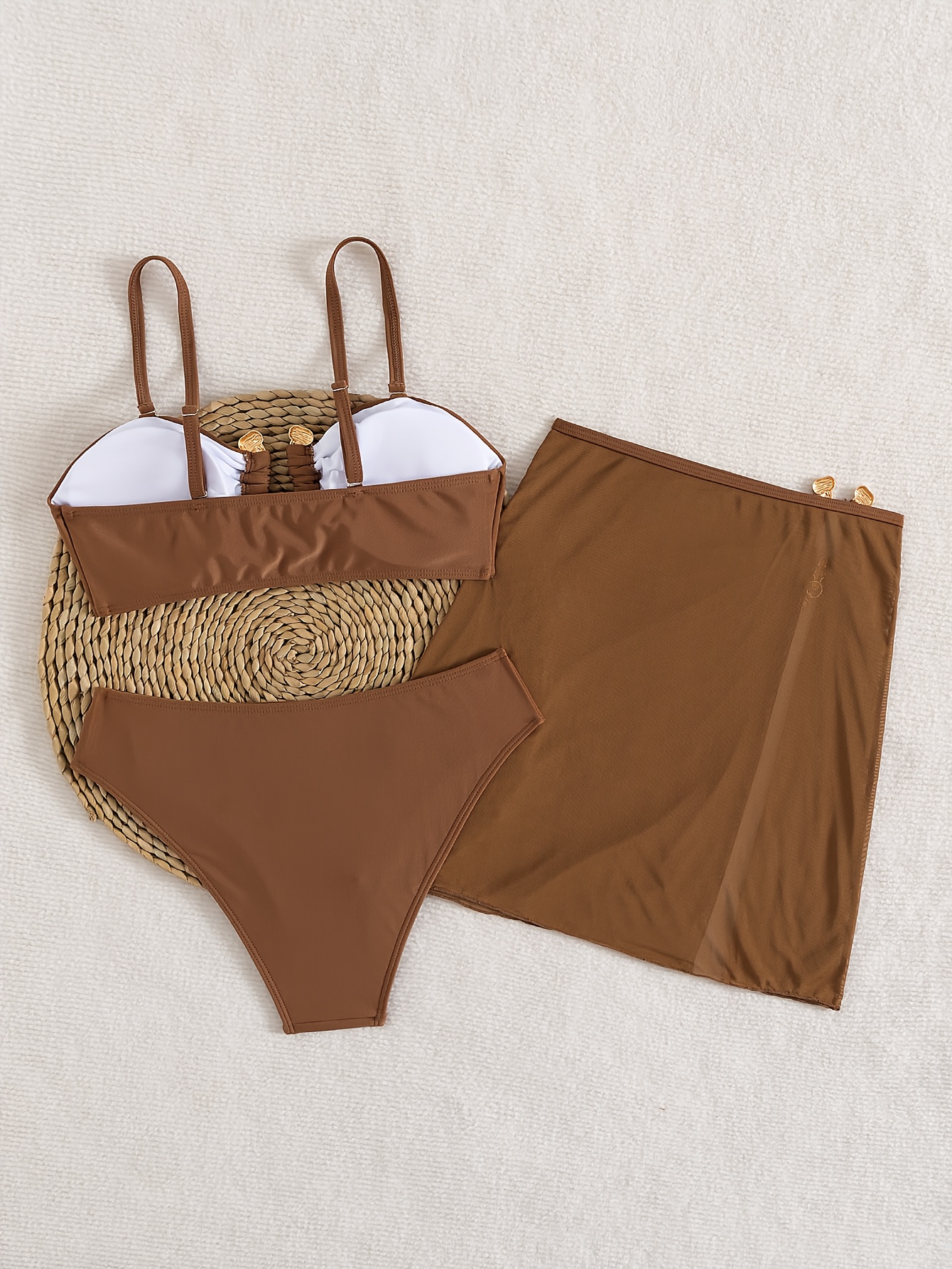 Conjunto de Biquíni Assimétrico 3 Peças com Detalhe Metálico - Maiô de Cobertura Total em Cor Sólida para o Verão, Top e Calcinha, Lavável à Máquina para Piscina e Férias (Estilo 25SS Tendência) 4
