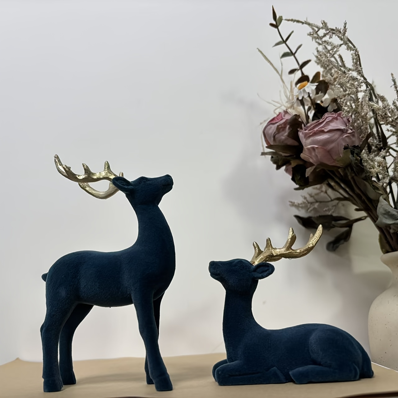 TEMU 2pcs Set Of Navy Blue Velvet Reindeer Ornaments, Standing And Lying Velvet Deer, Christmas Home Desktop Decoration Suitable For Christmas Table,