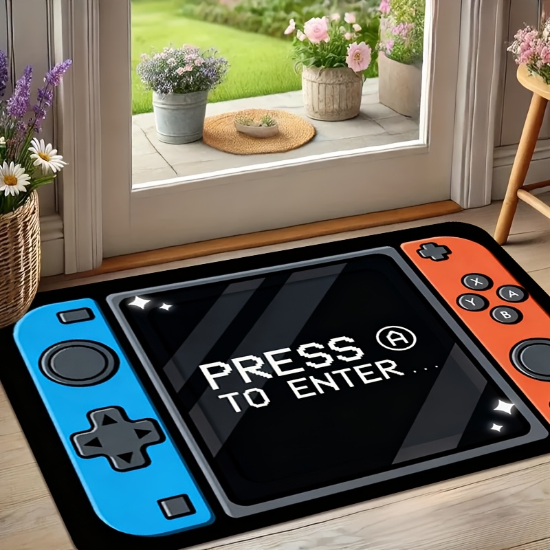 TEMU 1pc Blue And Orange Game Controller Design With "press To Enter" Text, Gaming-themed Decorative Floor Mat. 10mm Thickness, Machine Washable And