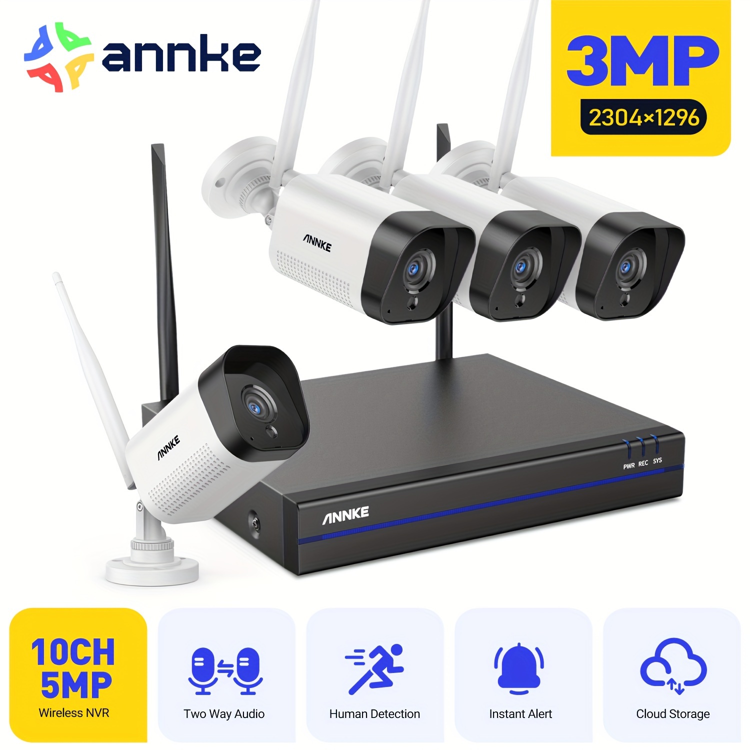 Image of Annke 3mp 10ch Wireless Cctv Kit Security System With 4x 3mp Wifi Cameras Video Surveillance Set, No Hard Drive, 2-way Audio, Human Detection With Real-time Alerts, 100ft Night Vision.