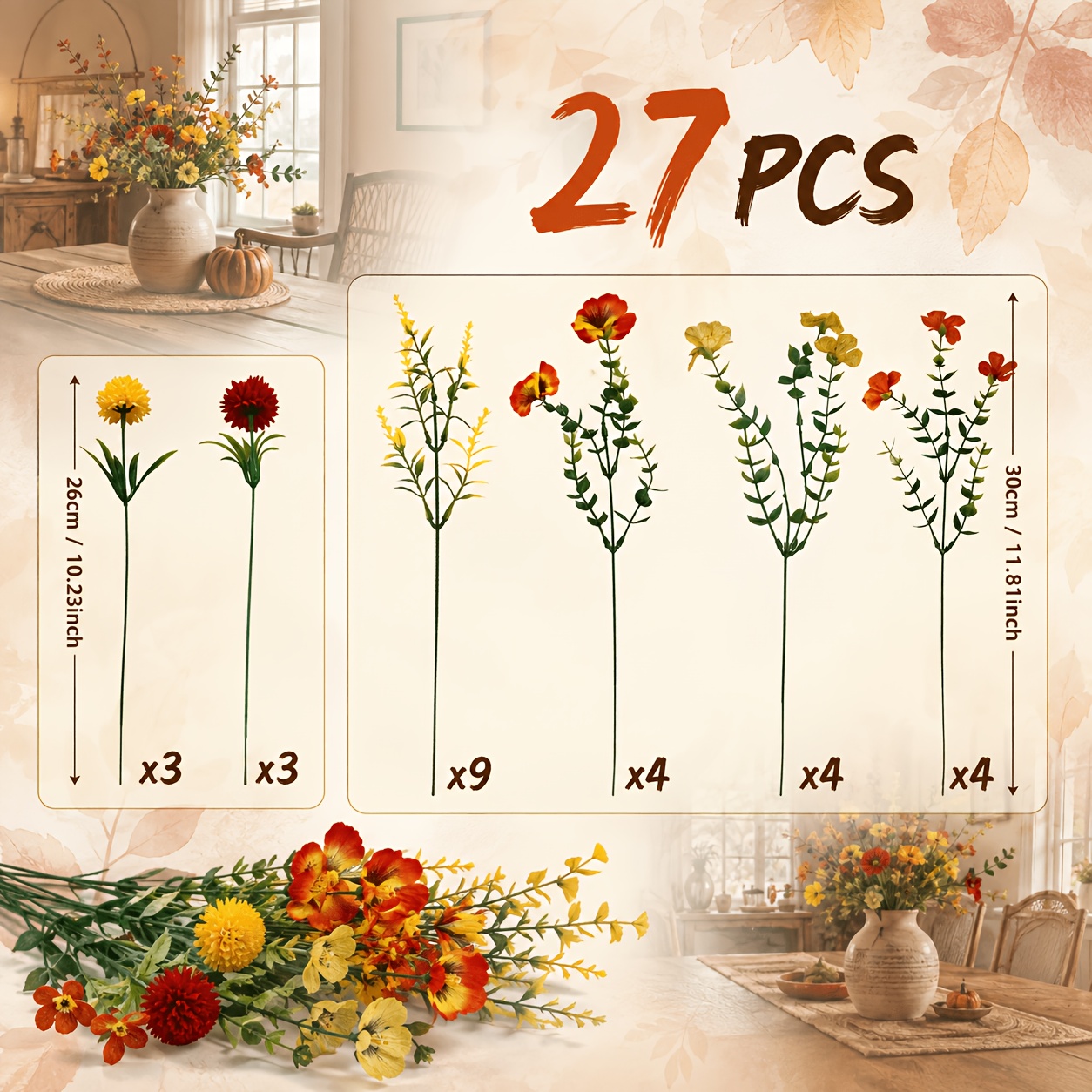 TEMU 27pcs Realistic Artificial Flower Bouquet, Uv-resistant Fade-proof Plastic Fake Flowers With Buds, Indoor Home Decoration, Christmas Table