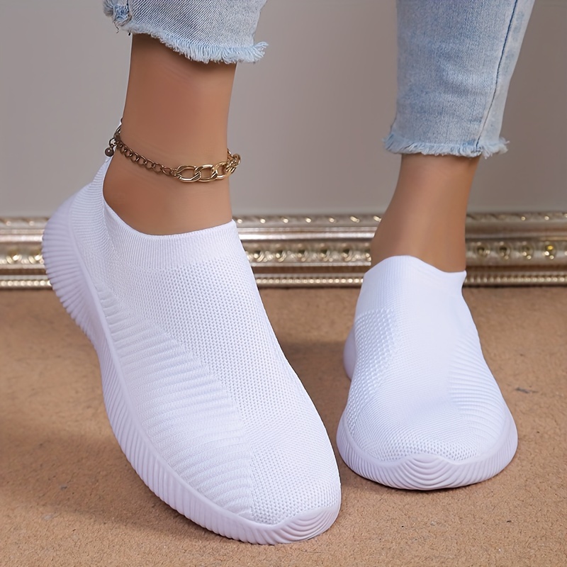 Women's Knitted Socks Sneakers, Breathable Slip-on Flats Shoes, Solid Color  Soft Sole Walking Shoes