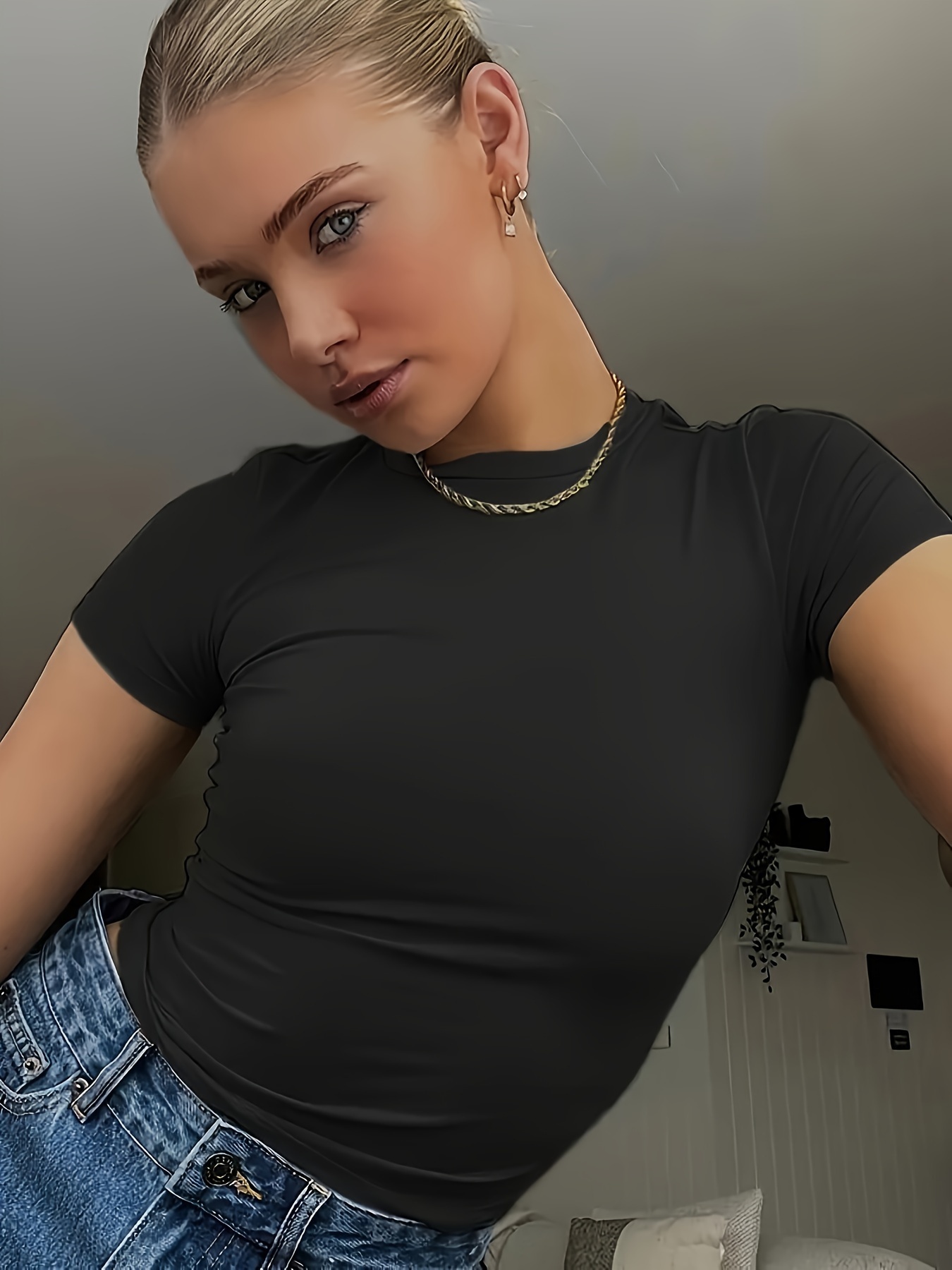 Solid Color Skinny Crop Top, Stylish Short Sleeve Crew Neck Top For Spring & Summer, Women's Clothing